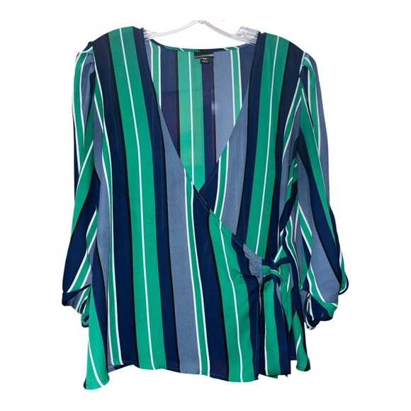 Worthington Blue Wrap Tie Front Puff Sleeve Top - Picture 3 of 4